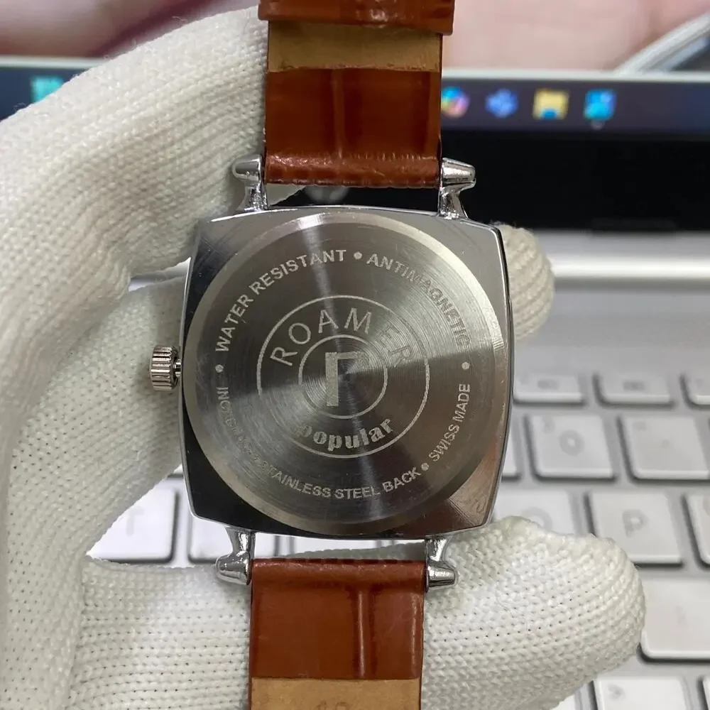 Vintage 1980 Roamer Manual Mens Silver Watch W/Leather Strap & Gray accents